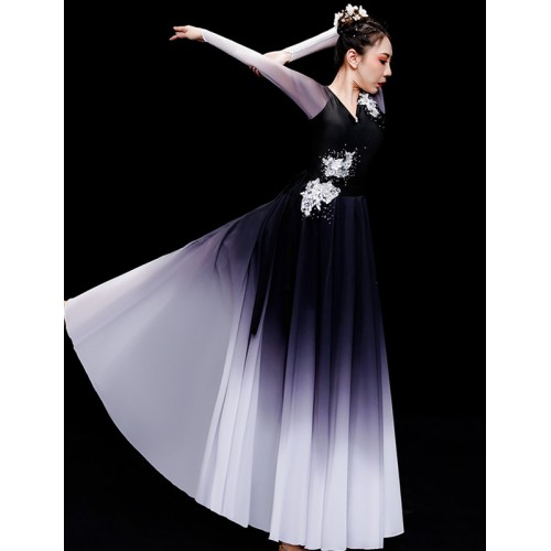 Black with white gradient Chinese folk Classical dance costumes for women girls  elegant Chinese solo dance dresses ribbon dance clothes ink Danqing ancient performance Hanfu